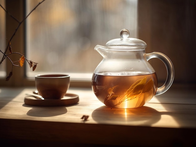 Een glazen theepot met een kopje thee staat op een tafel naast een kopje thee.