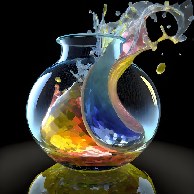 Een glazen vaas met kleurrijke vloeistof die eruit spat