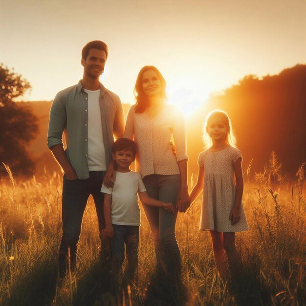 Een glimlachend en gelukkig gezin met een of twee kinderen bij zonsondergang tegen het licht