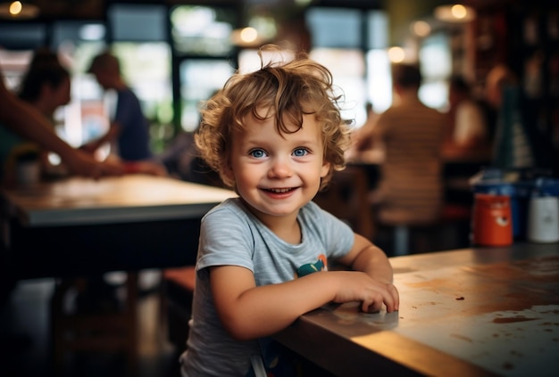 een glimlachend jongetje dat in een café zit terwijl hij op eten wacht