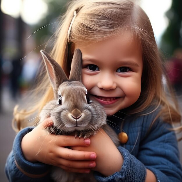 Een glimlachend meisje met een konijn in haar hand.