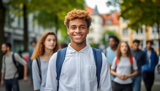 een glimlachende 17-jarige internationale mannelijke student aan de universiteit in Duitsland