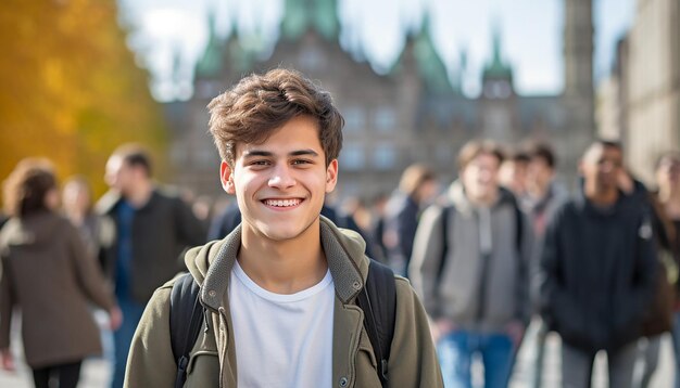 een glimlachende 17-jarige internationale mannelijke student aan de universiteit in Duitsland