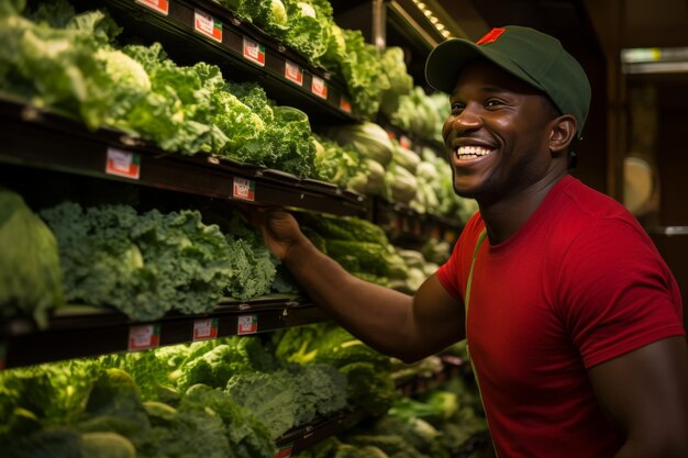 Een glimlachende Afrikaanse man in een honkbalpet plukt verse groenten van de planken van de supermarkt