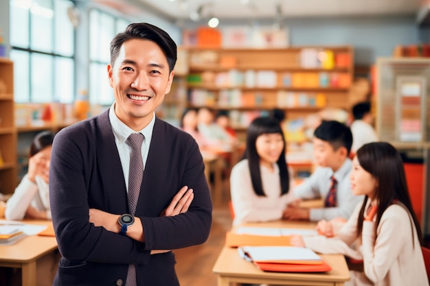 Een glimlachende Aziatische leraar in een klaslokaal met studenten