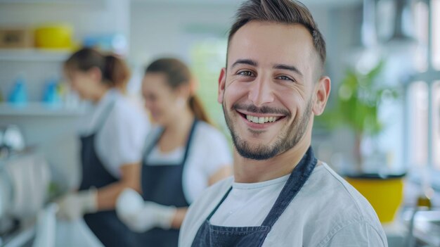 Een glimlachende chef-kok in een drukke keuken met collega's die op de achtergrond werken