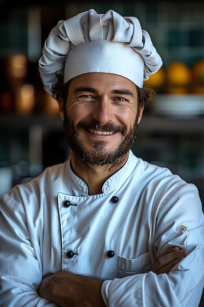 Foto een glimlachende chef met zijn armen gekruist voor een keuken