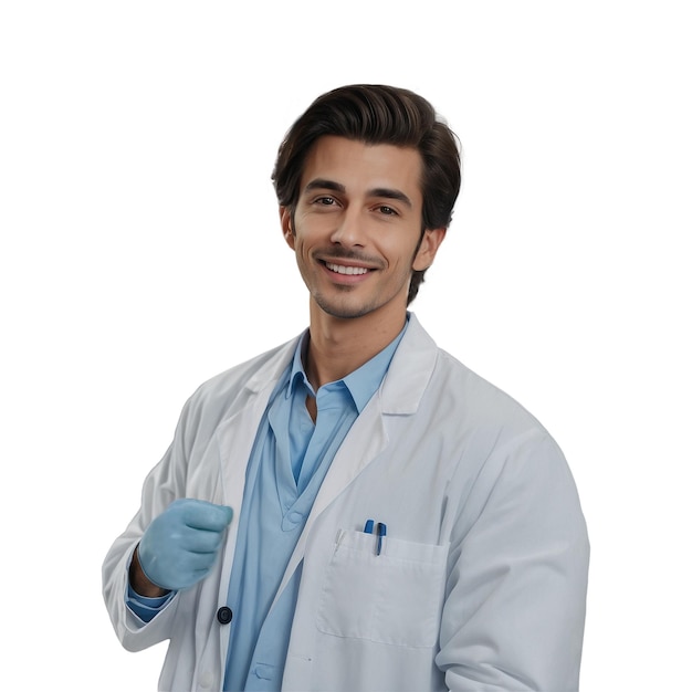 Foto een glimlachende dokter met een blauwe handschoen op zijn hand glimlacht dokter zonder png achtergrond doet niet