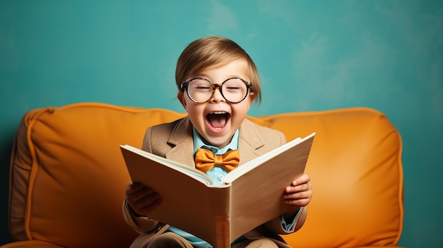 Foto een glimlachende en opgewonden jongen die op wereldboekdag een boek leest