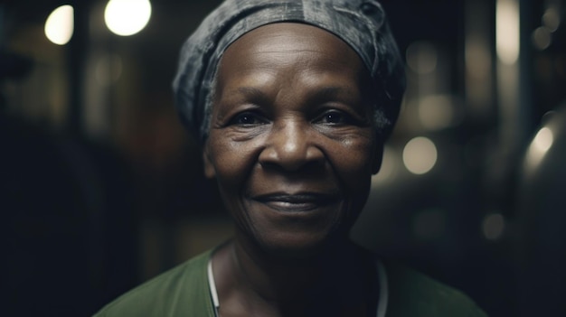 Een glimlachende hogere Afrikaanse vrouwelijke fabrieksarbeider die zich in olieraffinaderijinstallatie bevindt