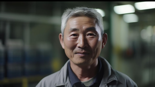 Een glimlachende hogere Chinese mannelijke elektronische fabrieksarbeider die zich in fabriek bevindt