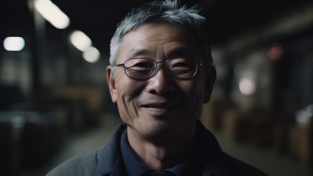 Een glimlachende hogere Chinese mannelijke fabrieksarbeider die zich in pakhuis bevindt
