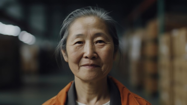 Een glimlachende hogere Chinese vrouwelijke fabrieksarbeider die zich in pakhuis bevindt