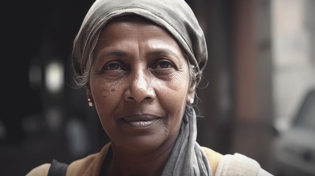Een glimlachende hogere Indische vrouwelijke bouwvakker die zich in bouwwerf bevindt