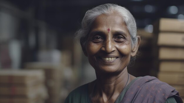 Een glimlachende hogere Indische vrouwelijke fabrieksarbeider die zich in pakhuis bevindt