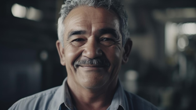 Een glimlachende hogere Spaanse mannelijke fabrieksarbeider die zich in metaalplaatfabriek bevindt