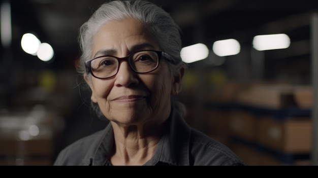 Een glimlachende hogere Spaanse vrouwelijke elektronische fabrieksarbeider die zich in fabriek bevindt
