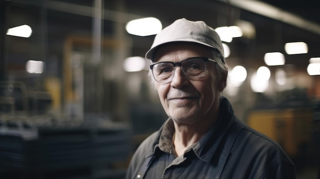 Foto een glimlachende hogere zweedse mannelijke fabrieksarbeider die zich in metaalplaatfabriek bevindt