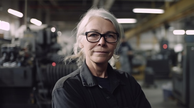 Een glimlachende hogere Zweedse vrouwelijke fabrieksarbeider die zich in metaalplaatfabriek bevindt