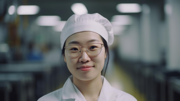 Een glimlachende jonge Aziatische vrouwelijke elektronische fabrieksarbeider die zich in fabriek bevindt