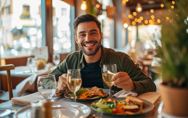 Een glimlachende jonge man geniet van een maaltijd aan tafel