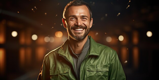 Een glimlachende jonge volwassen blanke man met kort haar, gekleed in een groen werkjasje tegen een donkeroranje verlichte achtergrond