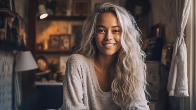 Een glimlachende jonge vrouw met lang wit haar binnen, gegenereerd door AI.