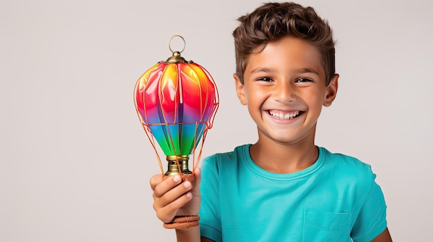 Een glimlachende jongen met een levendige luchtballon.