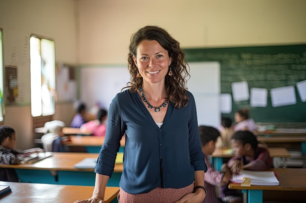 Een glimlachende leraar op de achtergrond van een klaslokaal