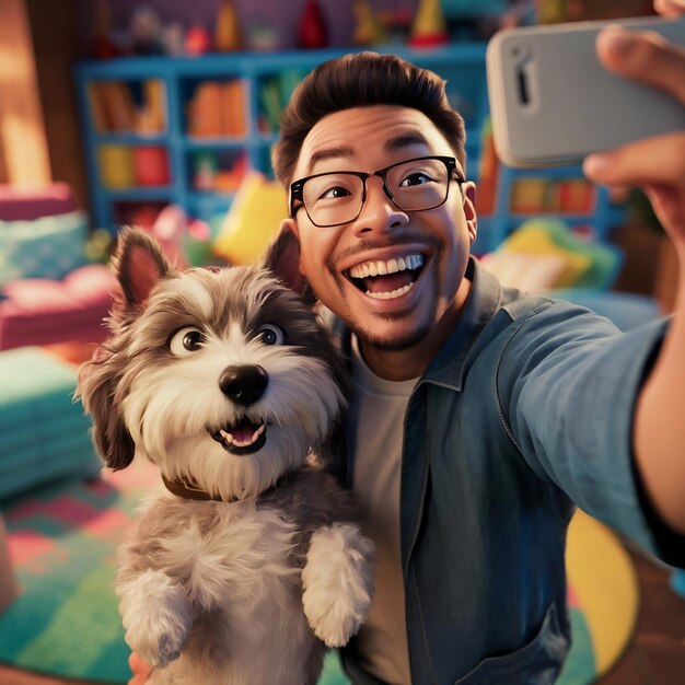 Een glimlachende man die een foto maakt met een hond.
