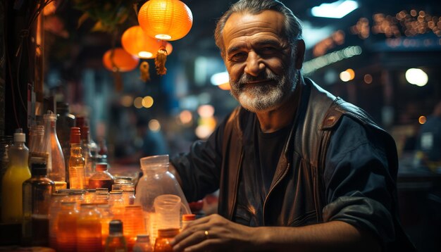 Een glimlachende man in een bar met een drankje genietend van het nachtleven gegenereerd door kunstmatige intelligentie