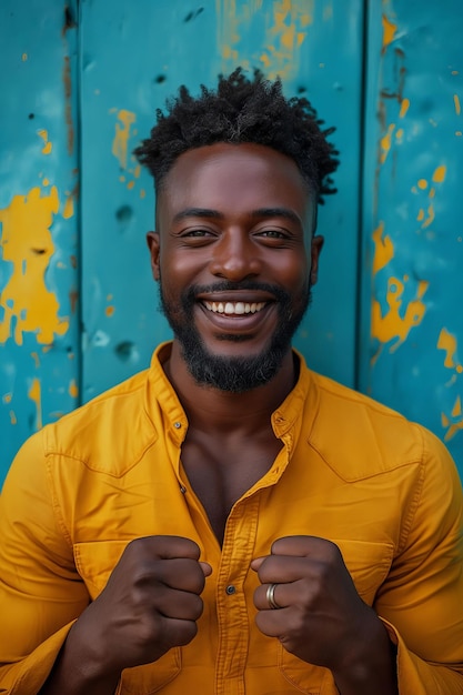 Foto een glimlachende man in een geel hemd.