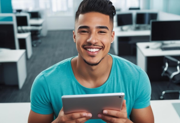 Een glimlachende man in een turquoise T-shirt gebruikt een tablet in een kantooromgeving die een ontspannen maar