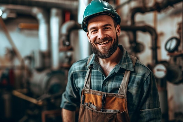 Foto een glimlachende man met een harde hoed en overalls