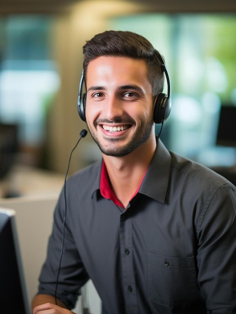 een glimlachende man met een headset voor een computer