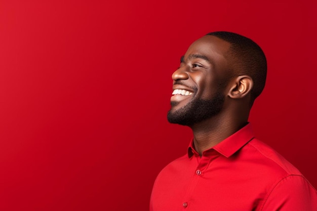 een glimlachende man met een rood shirt en een rode achtergrond