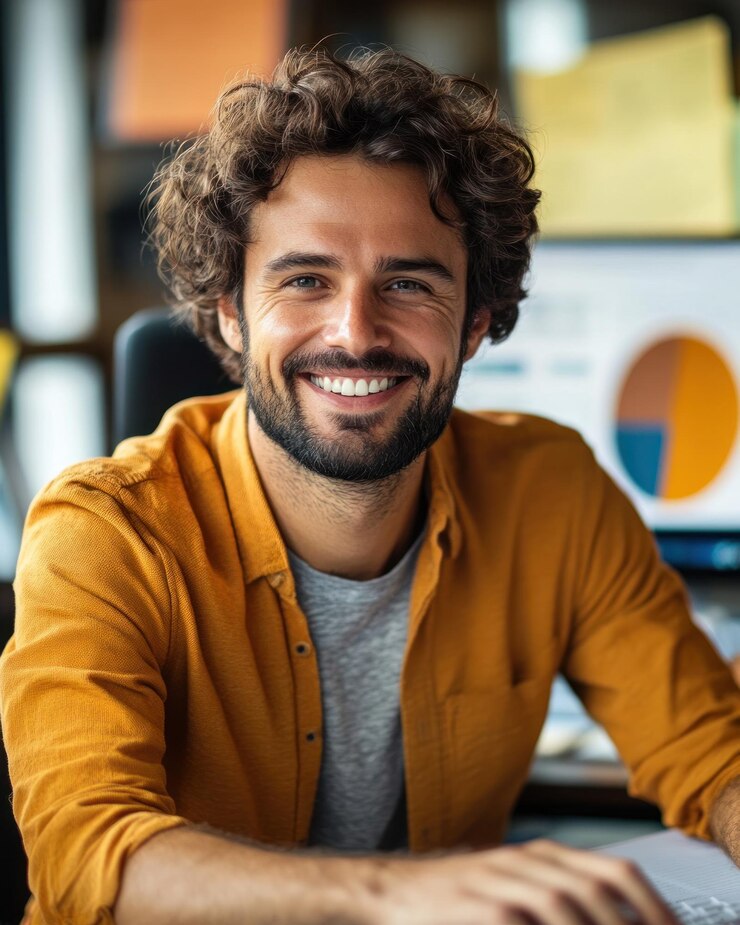 Een glimlachende man werkt aandachtig aan zijn bureau, omringd door kaarten en een warme kantooratmosfeer.