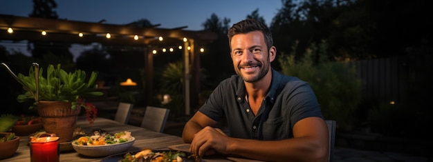 Een glimlachende man zit aan een tafel tijdens een buitenavondfeest in de achtertuin van een huis