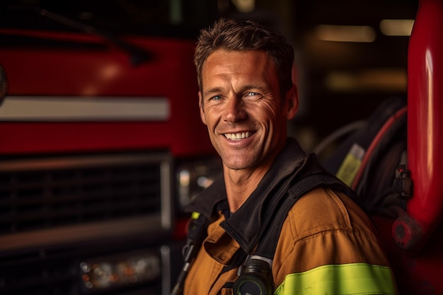 Een glimlachende mannelijke brandweerman voor de brandweerwagen met Generative AI