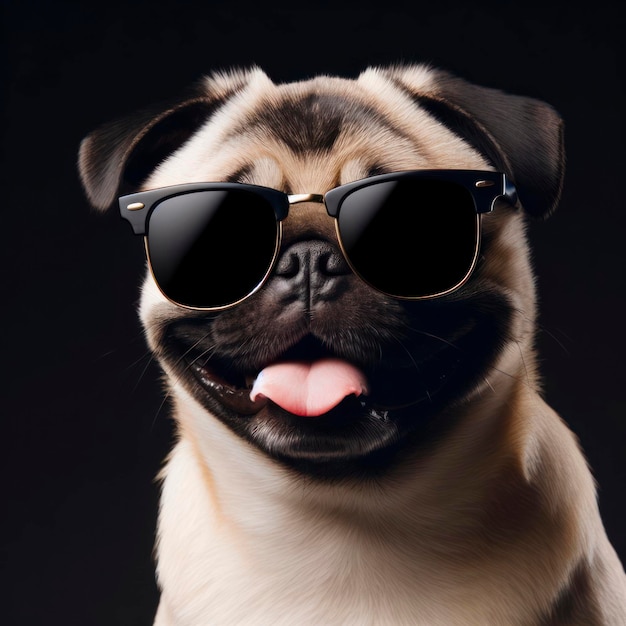 een glimlachende pug met een zonnebril staat geïsoleerd op een donkere achtergrond