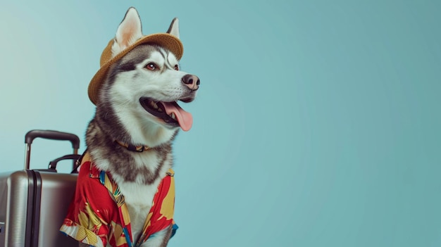 een glimlachende Siberische husky met een toeristisch shirt en hoed met een grote koffer Generative Ai