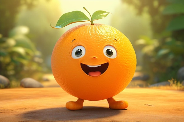 Een glimlachende sinaasappel met ogen en een glimlach op zijn gezicht.