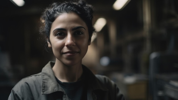 Een glimlachende Spaanse vrouwelijke fabrieksarbeider die zich in de metaalplaatfabriek bevindt