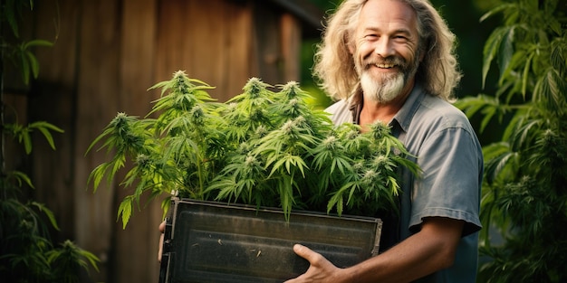 Foto een glimlachende tuinman houdt een krat met marihuanazaailingen in de tuin vast. zijn zorg voor planten en de vreugde van de oogst creëren een sfeer van harmonie ai generatieve ai