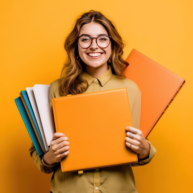 Een glimlachende vrouw die oranje planners en notitieboekjes in haar ene arm houdt en haar andere arm vasthoudt