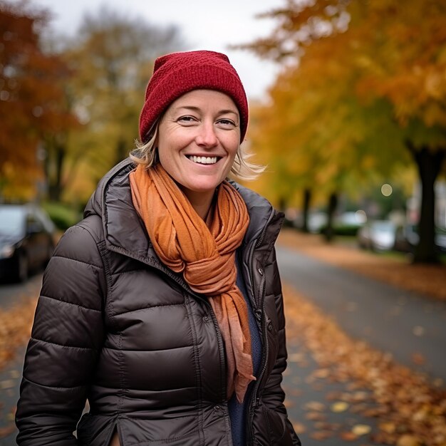 een glimlachende vrouw in een bruin jasje en een rode sjaal die midden op een herfstweg staat