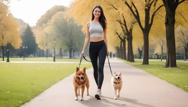 een glimlachende vrouw loopt met haar honden in een park nationale huisdierdag