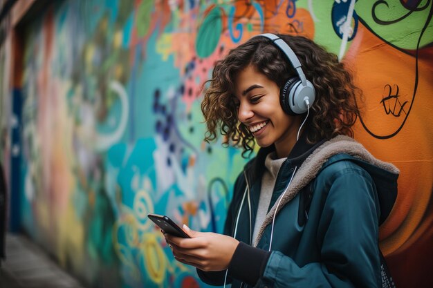 Een glimlachende vrouw omarmt melodieën via haar smartphone op een W