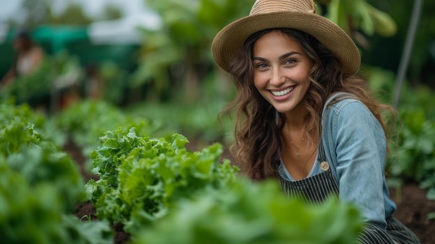 Een glimlachende vrouw tuint in een groentetuin