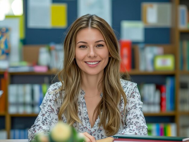 Foto een glimlachende vrouw voor een bureau in een bibliotheek